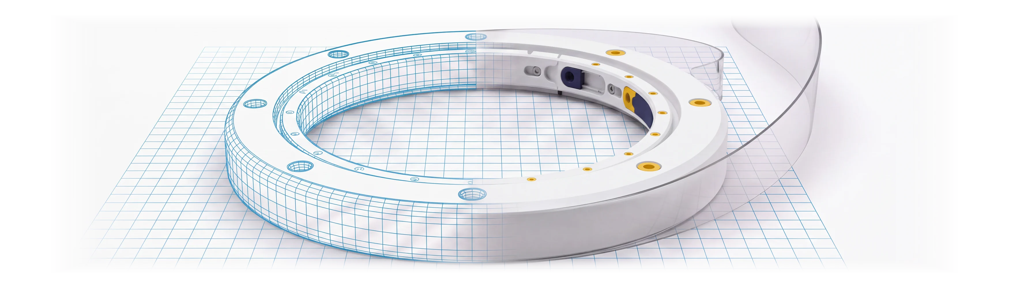 Circular mechanical component transitioning from cyan CAD geometry into a finished white 3D-printed part.
