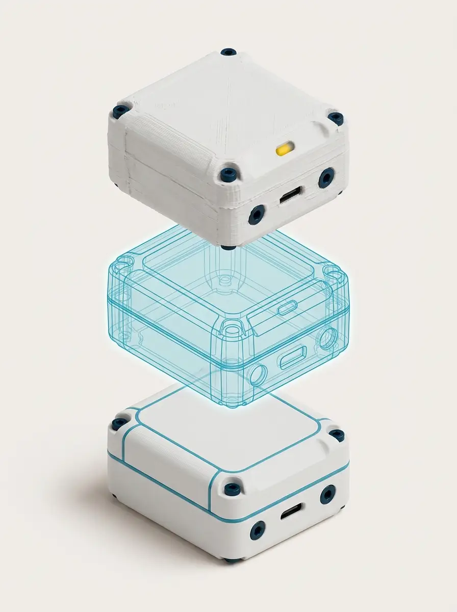 Conceptual illustration of one technical enclosure progressing from rough concept to CAD and physical prototype.